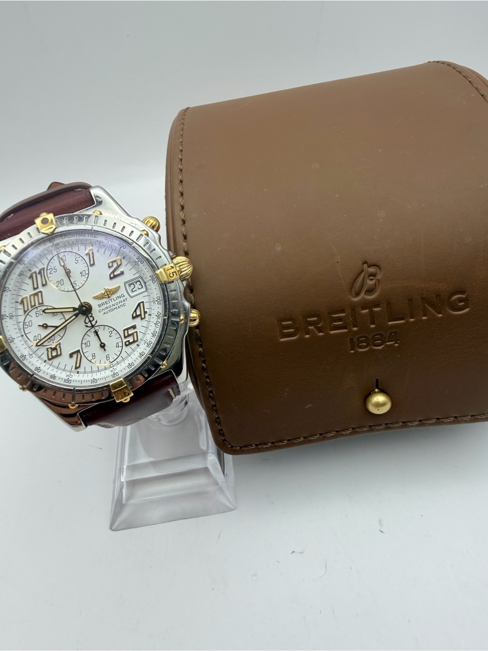 Breitling Two-Tone Silver and Gold Chronograph Watch with Brown Strap